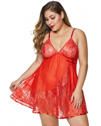 Red Plus Size Lace Mesh Babydoll with Thong